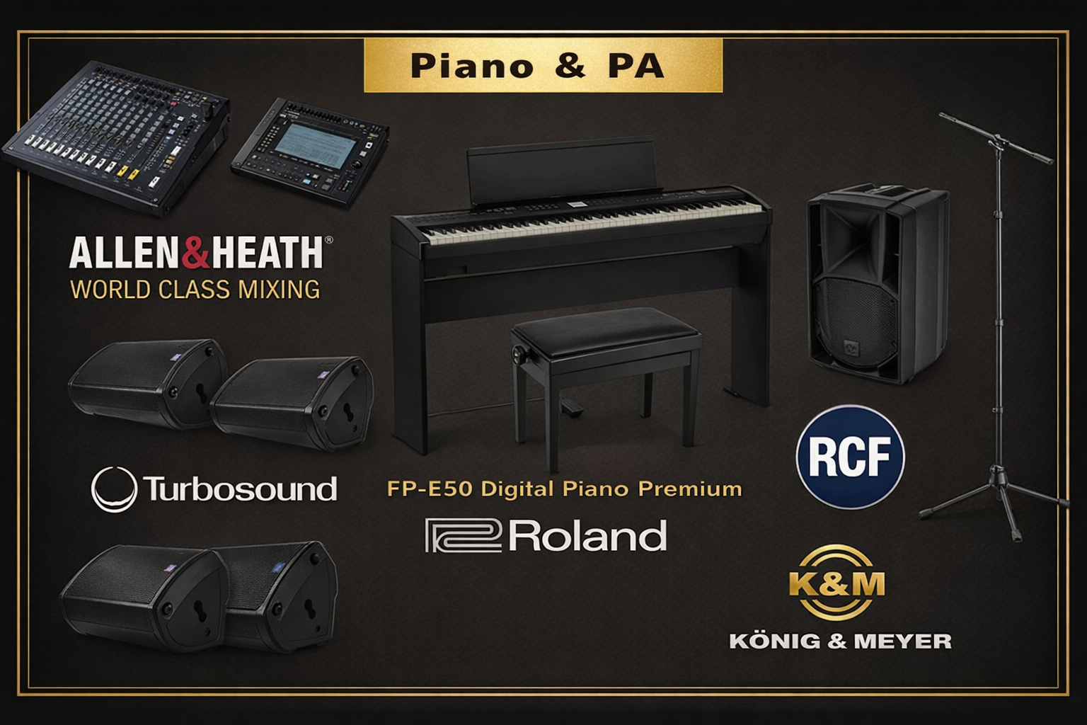 Digital piano and PA system equipment available in a recording and rehearsal studio in London