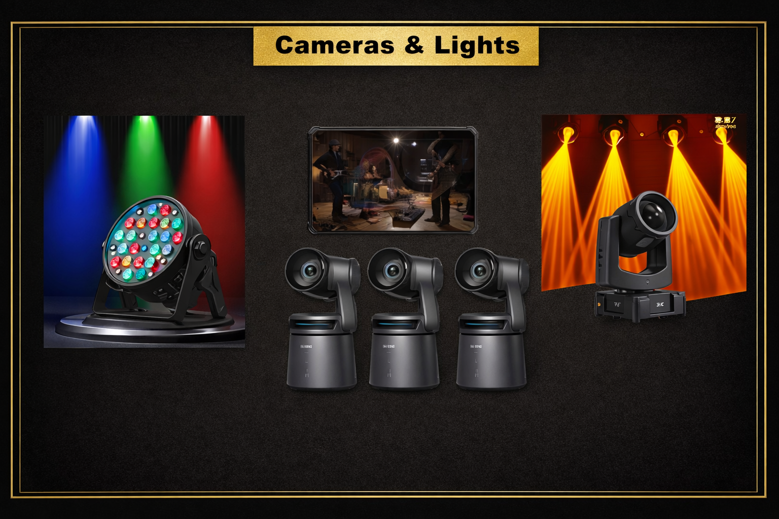 Professional cameras and stage lighting setup for video production in a recording studio in London
