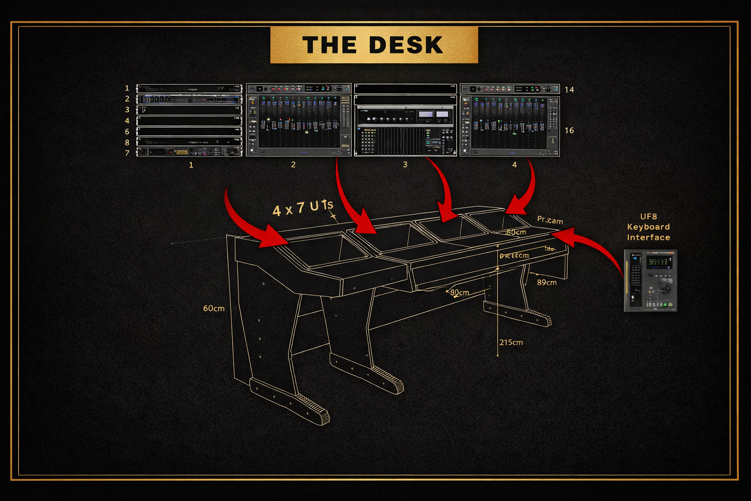 Professional studio desk with mixing console and audio equipment in a recording studio in London